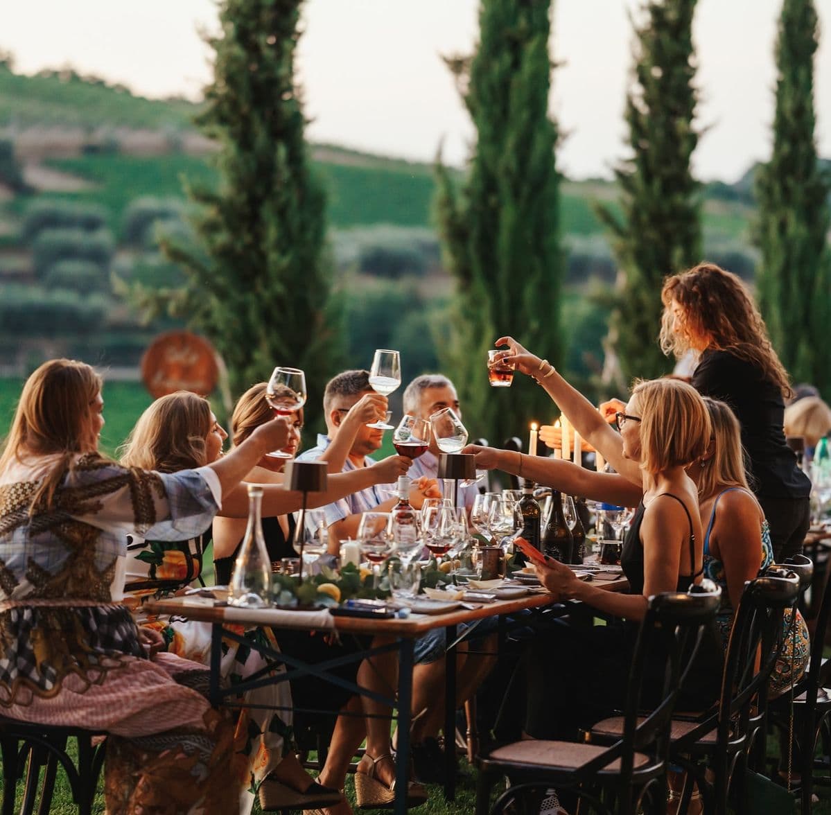 Grup brindant amb vi en un sopar a l'aire lliure entre vinyes
